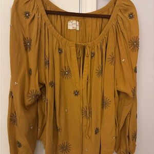 Embellished Mustard Peasant Blouse with Tie Neck
